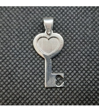 PE001496 Sterling Silver Pendant Charm Key With Heart Solid Genuine Hallmarked 925 Handmade